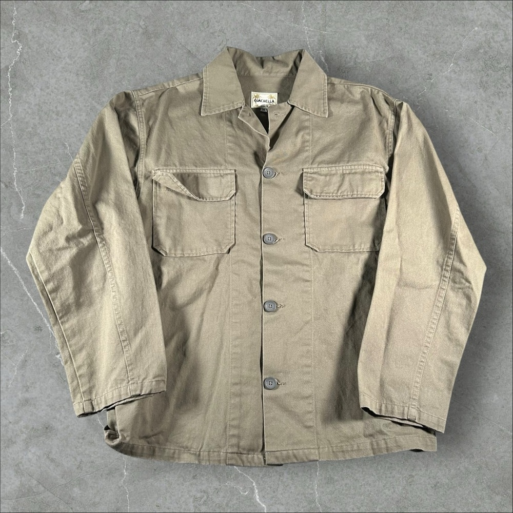 Coachella Jacket Men Medium Tan Concert Festival Army Coat Canvas Button Up RARE
